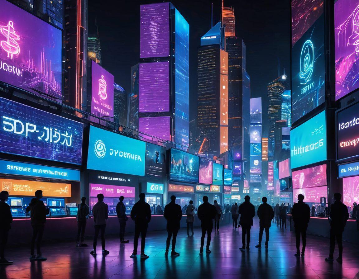 A futuristic city skyline illuminated by neon lights, with digital billboards showcasing cryptocurrency symbols morphing into physical cash. In the foreground, diverse people interacting with holographic screens displaying currency exchanges. The scene exudes a sense of innovation and transformation in finance. vibrant colors. cyberpunk style.