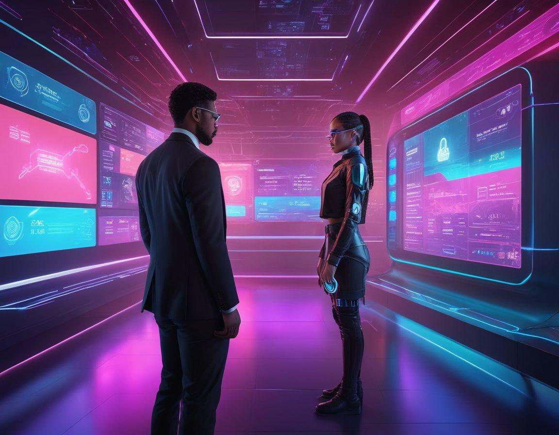 A futuristic digital landscape showcasing a seamless transaction between diverse individuals using advanced wearable technology. Incorporate vibrant holographic displays illustrating secure payment options, currencies transforming, and an aura of connectivity in the background. The scene should exude innovation and efficiency with abstract shapes and symbols representing finance evolving into a new era. cyberpunk. vibrant colors. 3D.