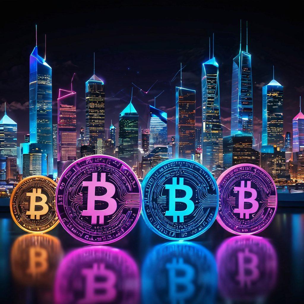 A futuristic scene depicting digital currency shapes morphing and transforming into various forms, symbolizing innovation in finance. Incorporate elements of blockchain and virtual transactions, with neon lights and holographic interfaces to showcase technology. Use a city skyline in the background highlighting a digital landscape. Emphasize a dynamic and vibrant atmosphere to captivate the viewer's imagination. cyberpunk. vibrant colors. 3D.